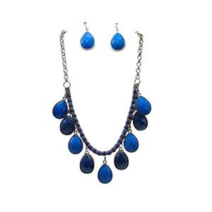 Blue Teardrop Statement Necklace Matching Earrings Set Silver Tone
